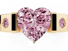 Fancy Pink Heart Cut Diamond Channel-Set Band Ring Set in Yellow gold with Bezel Prong Setting