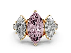 Fancy Pink Marquise Cut Diamond Three-Stone Ring Set in Yellow gold with Pavé Band