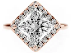 Princess Cut Diamond Halo Engagement Ring Set in Rose gold with Pavé Band and Rising Shoulders