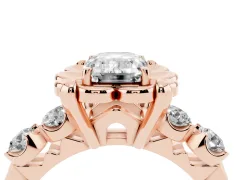 Emerald Cut Diamond Floral Halo Ring Set in Rose gold with Shared Prong Band