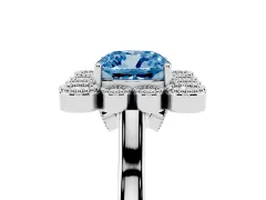 Fancy Blue Cushion Cut Diamond Cluster Halo Ring Set in White gold with Milgrain Bezel Accents and Plain Band
