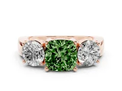 Fancy Green Cushion Cut Diamond Three-Stone Ring Set in Rose gold with Round Side Stones and Classic Band