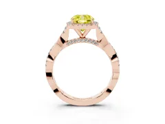 Fancy Yellow Cushion Cut Diamond Halo Twist Band Solitaire Ring Set in Rose gold with Prong Setting