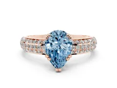Fancy Blue Pear Cut Diamond Solitaire Ring Set in Rose gold with Multi-Row Round Pavé Band and Prong Setting