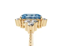 Fancy Blue Emerald Cut Diamond Cluster Ring Set in Yellow gold with Beaded Band