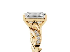 Emerald Cut Diamond Vine Band Solitaire Ring Set in Yellow gold with Milgrain Prong Setting