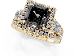 Fancy Black Asscher Cut Diamond Halo Split Shank Ring Set in Yellow gold with Round Accent Stones and Prong Setting