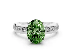 Fancy Green Oval Cut Diamond Solitaire Ring Set in Silver with Channel Set Band and Prong Setting