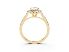 Oval Cut Diamond Pavé Halo Engagement Ring Set in Yellow gold with Pavé Band and Prong Setting