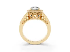 Cushion Cut Diamond Halo Ring Set in Yellow gold with Stone-Set Split Shank and Milgrain Edges