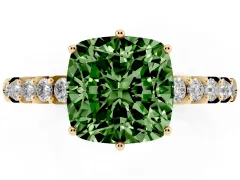 Fancy Green Cushion Cut Diamond Solitaire Engagement Ring Set in Yellow gold with Pavé Band and Prong Setting