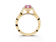 Fancy Pink Cushion Cut Diamond Halo Twist Band Solitaire Ring Set in Yellow gold with Prong Setting