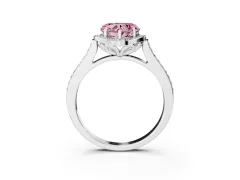 Fancy Pink Heart Cut Diamond Halo Ring Set in White gold with Pavé-Lined Shoulders and Prong Setting