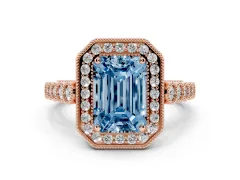 Fancy Blue Emerald Cut Diamond Milgrain Halo Solitaire Ring Set in Rose gold with Bezel Set Side Stones and Pavé Band