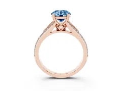 Fancy Blue Round Cut Diamond Split Shank Pavé Engagement Ring Set in Rose gold with Prong-Set Center Stone