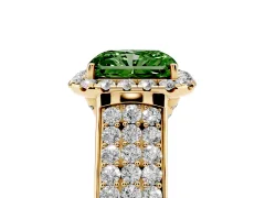 Fancy Green Radiant Cut Diamond Halo Ring Set in Yellow gold with Pavé Band and Raised Center Setting
