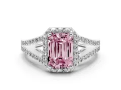 Fancy Pink Emerald Cut Diamond Halo Split Shank Pavé Ring Set in Silver with Prong Setting