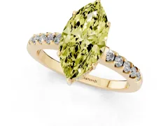 Fancy Yellow Marquise Cut Diamond Solitaire Engagement Ring Set in Yellow gold with Pavé Band and Prong Setting