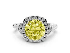 Fancy Yellow Round Cut Diamond Halo Engagement Ring Set in White gold with Vintage-Inspired Band and Prong Setting