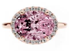 Fancy Pink Oval Cut Diamond Halo Engagement Ring Set in Rose gold with Pavé Band and Rising Shoulders