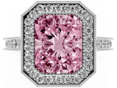 Fancy Pink Radiant Cut Diamond Halo Milgrain Pavé Band Ring Set in Platinum with Prong Setting