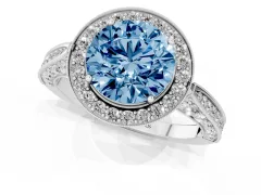 Fancy Blue Round Cut Diamond Halo Engagement Ring Set in Platinum with Accent Split Shank Band