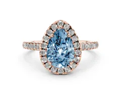 Fancy Blue Pear Cut Diamond Pavé Halo Engagement Ring Set in Rose gold with Pavé Band and Prong Setting