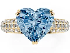 Fancy Blue Heart Cut Diamond Solitaire Ring Set in Yellow gold with Multi-Row Round Pavé Band and Prong Setting