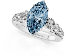 Fancy Blue Marquise Cut Diamond Solitaire Ring Set in White gold with Pavé-Set Band and Prong Setting