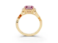 Fancy Pink Asscher Cut Diamond Halo Ring Set in Yellow gold with Leaf Motif Split Shank and Prong Setting