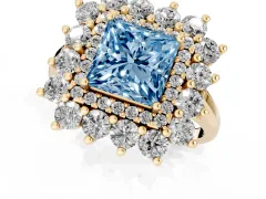 Fancy Blue Princess Cut Diamond Floral Double Halo Ring Set in Yellow gold with Round Petals