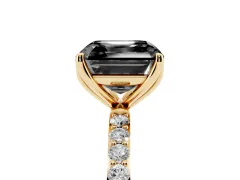 Fancy Black Asscher Cut Diamond Solitaire Engagement Ring Set in Yellow gold with Round Pavé Band and Prong Setting