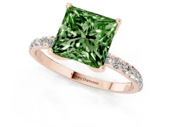 Fancy Green Princess Cut Diamond Solitaire Engagement Ring Set in Rose gold with Round Pavé Band and Prong Setting