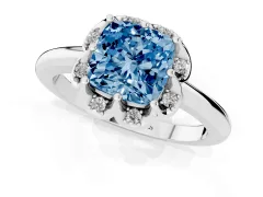 Fancy Blue Cushion Cut Diamond Round Cluster Halo Ring Set in Platinum with Solitaire Band and Prong Setting