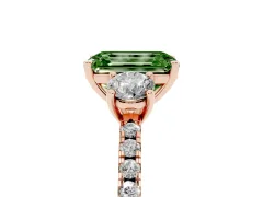 Fancy Green Emerald Cut Diamond Three-Stone Ring Set in Rose gold with Pavé Band and Graduated Sides