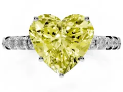 Fancy Yellow Heart Cut Diamond Solitaire Engagement Ring Set in Platinum with Pavé Band and Prong Setting