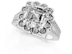 Asscher Cut Diamond Floral Halo Split Shank Engagement Ring Set in White gold with Pavé Shank