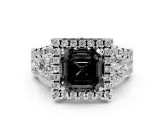 Fancy Black Asscher Cut Diamond Halo Split Shank Ring Set in White gold with Round Accent Stones and Prong Setting