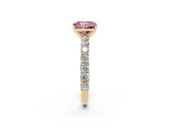 Fancy Pink Radiant Cut Diamond Solitaire Ring Set in Yellow gold with Shared Prong Pavé Band
