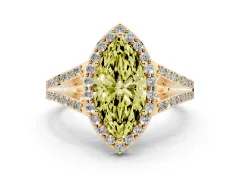 Fancy Yellow Marquise Cut Diamond Halo Split Shank Pavé Ring Set in Yellow gold with Prong Setting