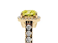 Fancy Yellow Cushion Cut Diamond Halo Engagement Ring Set in Yellow gold with Pavé Band and Prong-Set Center