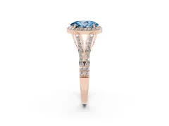 Fancy Blue Oval Cut Diamond Halo Split Shank Pavé Ring Set in Rose gold with Prong Setting
