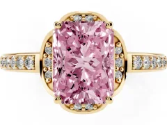 Fancy Pink Radiant Cut Diamond Halo Ring Set in Yellow gold with Channel Set Band and Prong Setting