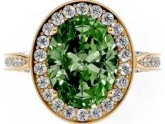 Fancy Green Oval Cut Diamond Halo Engagement Ring Set in Yellow gold with Accent Split Shank Band