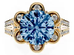 Fancy Blue Round Cut Diamond Floral Halo Split Shank Engagement Ring Set in Yellow gold with Pavé Shank