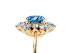 Fancy Blue Cushion Cut Diamond Cluster Halo Ring Set in Yellow gold with Solitaire Band and Prong Setting