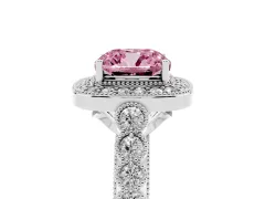 Fancy Pink Cushion Cut Diamond Milgrain Halo Solitaire Ring Set in White gold with Bezel Set Side Stones and Pavé Band