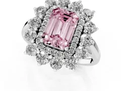 Fancy Pink Emerald Cut Diamond Floral Double Halo Ring Set in Platinum with Round Petals
