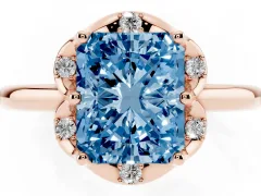 Fancy Blue Radiant Cut Diamond Round Cluster Halo Ring Set in Rose gold with Solitaire Band and Prong Setting