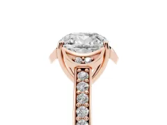 Cushion Cut Diamond Halo Ring Set in Rose gold with Channel Set Band and Prong Setting